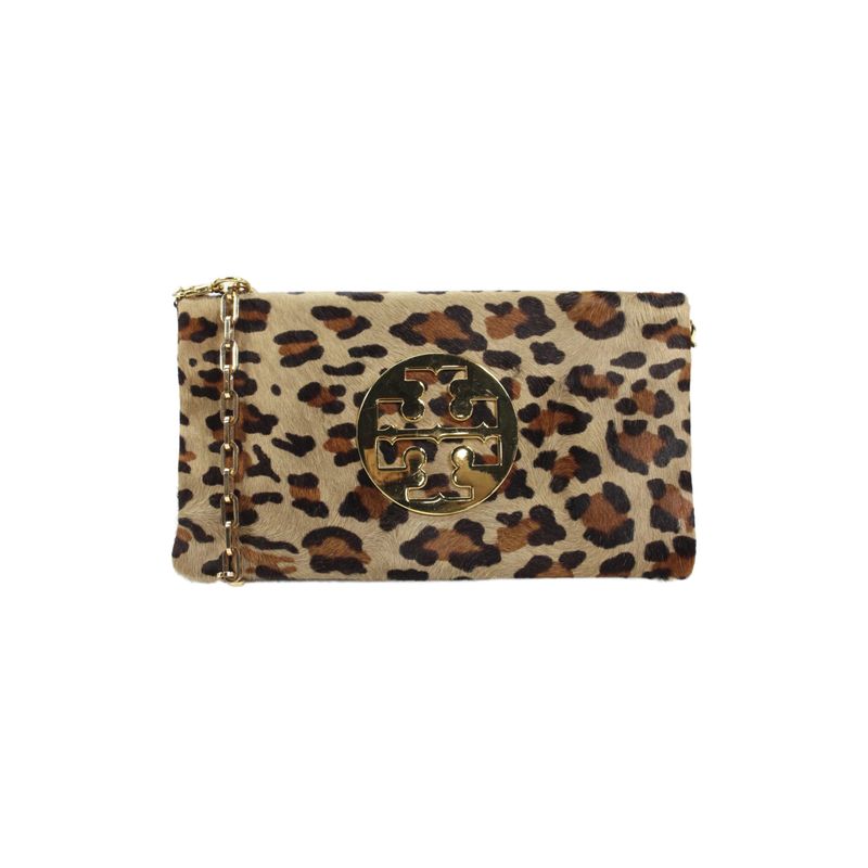 Tory Burch Womens Animal Print Gold Tone Medallion Shoulder Handbag Brown Black